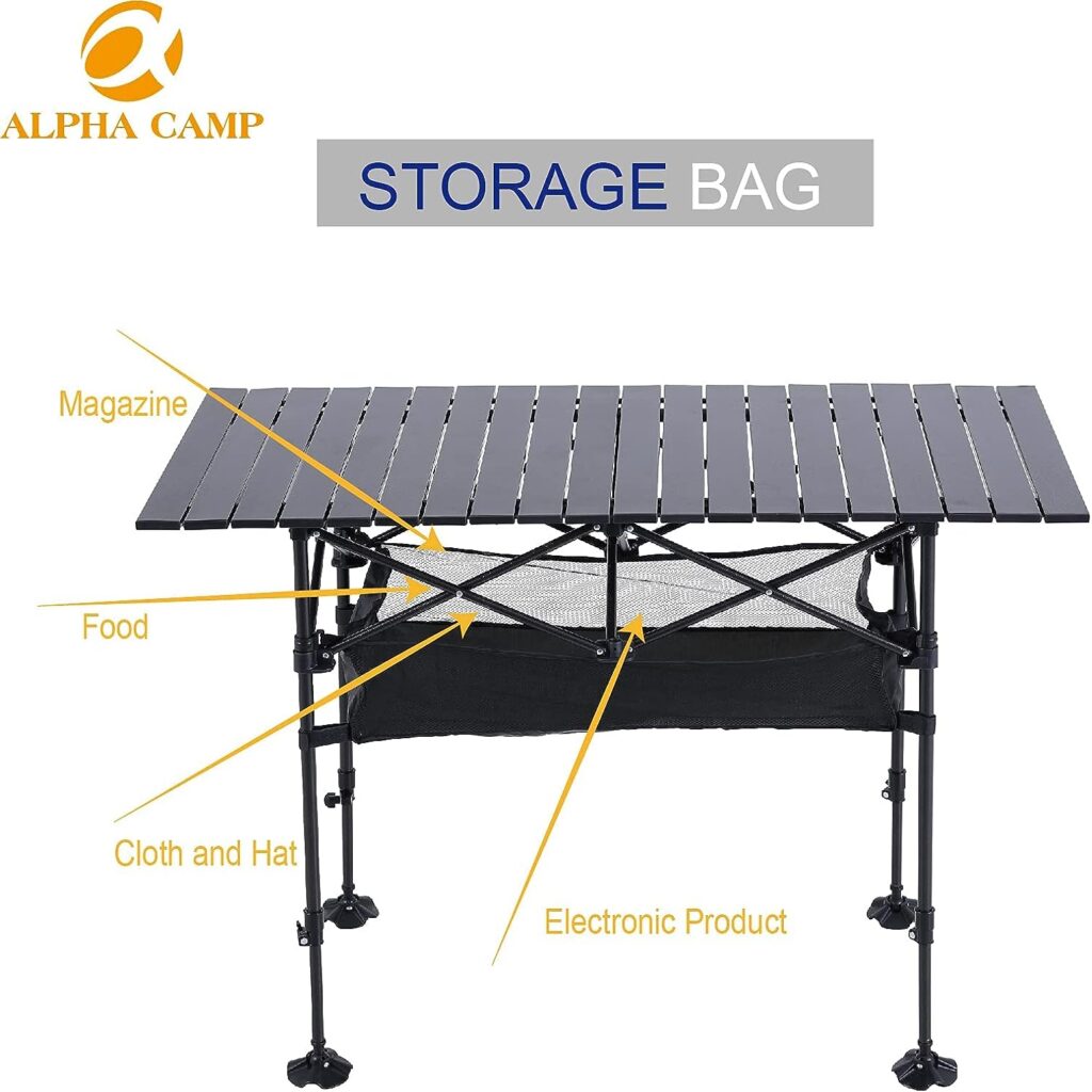 ALPHA CAMP Camping Table Outdoor Portable Table with Storage Adjustable Aluminum Table for Grill Travel Table Outdoor Picnic,Beach,BBQ,Backyards