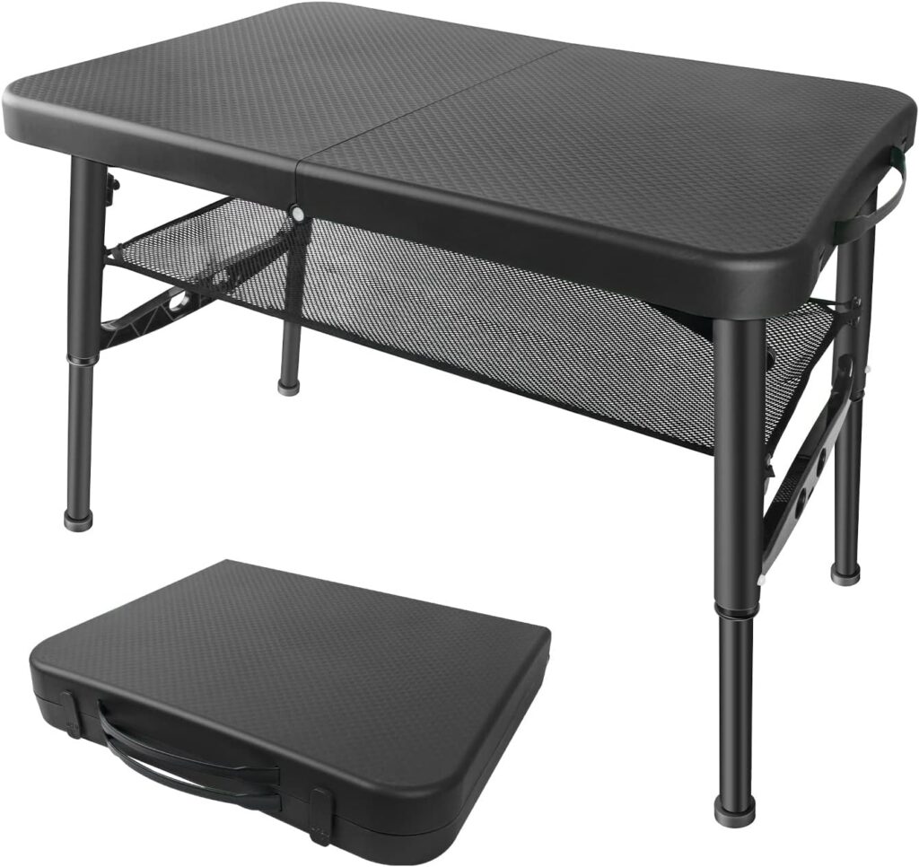 Boreeman Camp Table, Beach Table, Height Adjustable Small Folding Table, Portable Table, Also Perfect as RV Table, Picnic Table, Lap Table, Bed Trays for Eating and Laptops (Black)