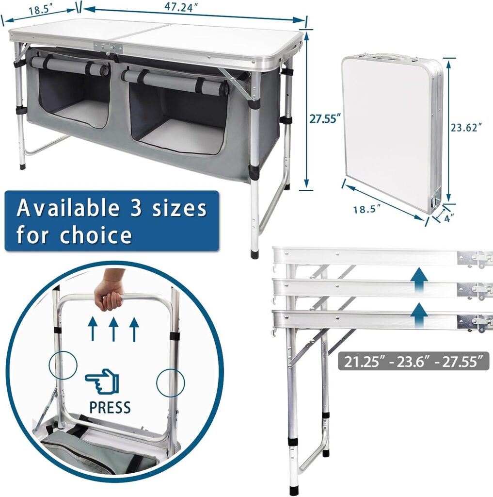 Camp Field Camping Folding Aluminum Table with Adjustable Legs for Outdoor Travel Beach, Backyards, BBQ, Party and Picnic Foldable Table