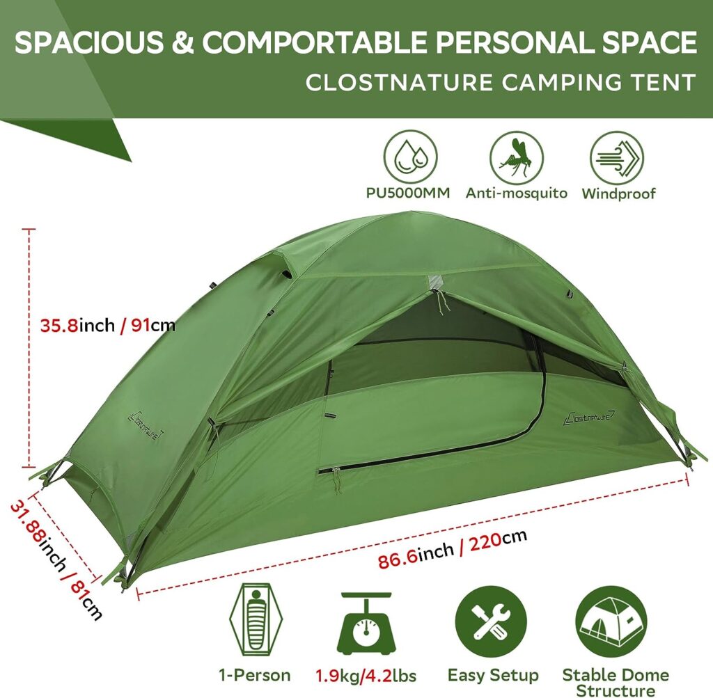 Clostnature 1-Person Tent for Backpacking - Ultralight One Person Backpacking Tent, Hiking Tent for One Man, Solo, Single Person