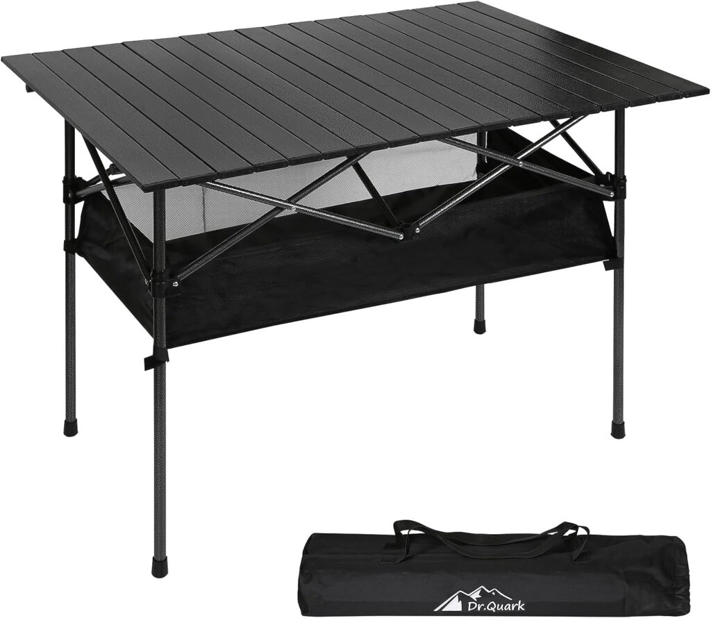 Dr.Quark Camping Table Ultra Compact Aluminum Folding Camping Table with Large Storage Roll Up Portable Camping Table 4-6 Person Foldable Camp Table with Carry Bag