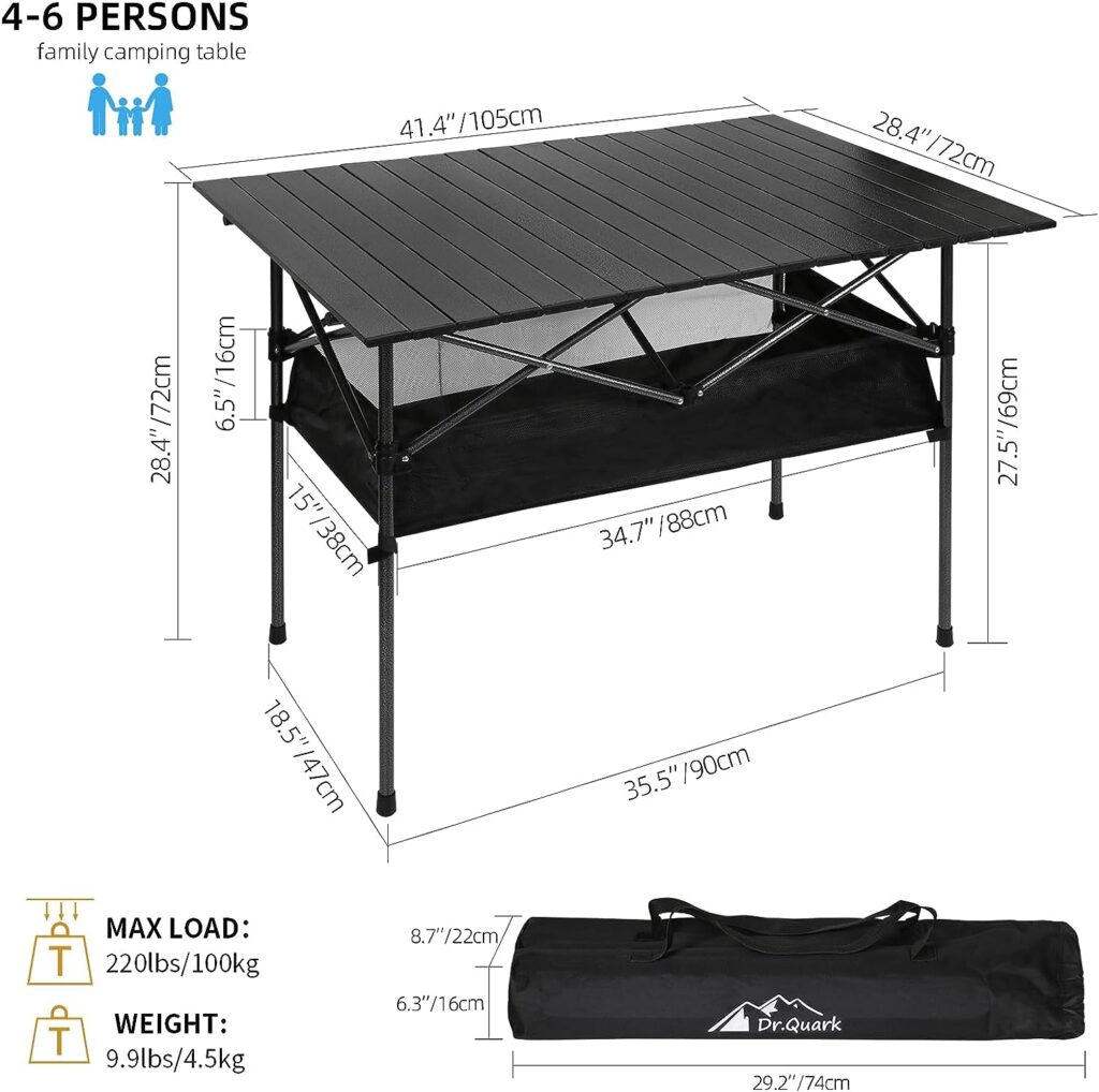 Dr.Quark Camping Table Ultra Compact Aluminum Folding Camping Table with Large Storage Roll Up Portable Camping Table 4-6 Person Foldable Camp Table with Carry Bag