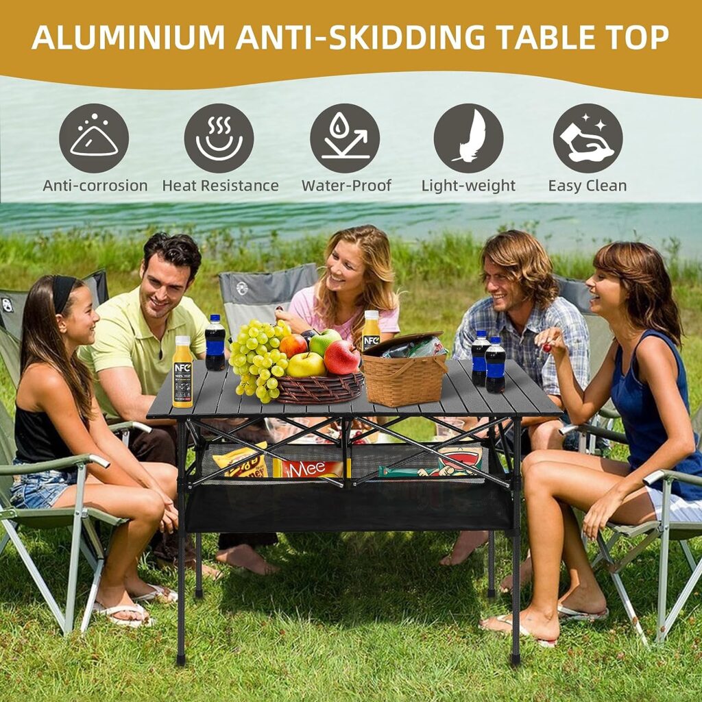 Dr.Quark Camping Table Ultra Compact Aluminum Folding Camping Table with Large Storage Roll Up Portable Camping Table 4-6 Person Foldable Camp Table with Carry Bag