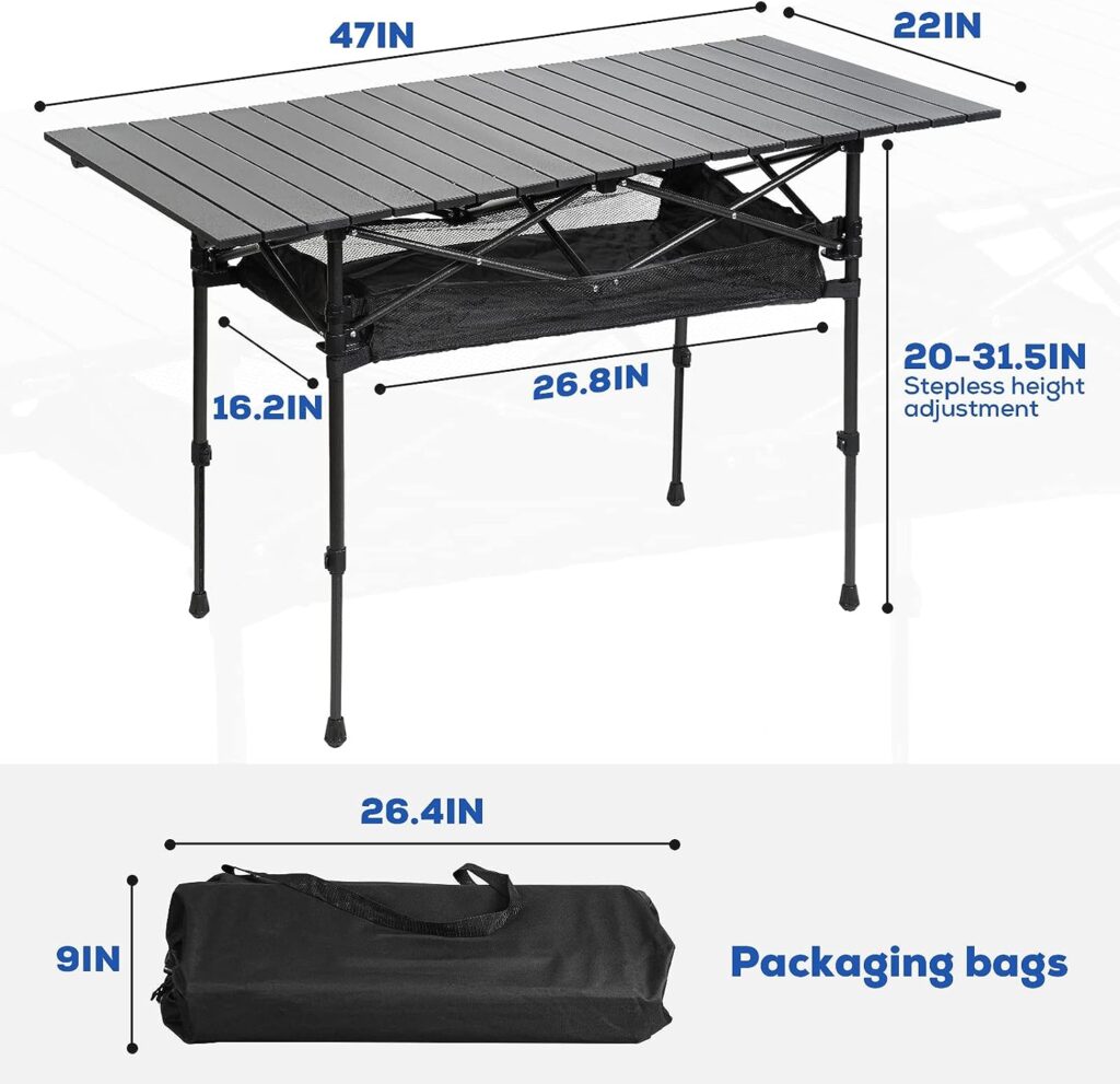 LEBLEBALL Folding Camping Table, Portable Folding Table with Storage Bag, Adjustable Aluminum Camping Table for Outdoor Picnic, Beach, Backyard, BBQ, Patio, Fishing, Black