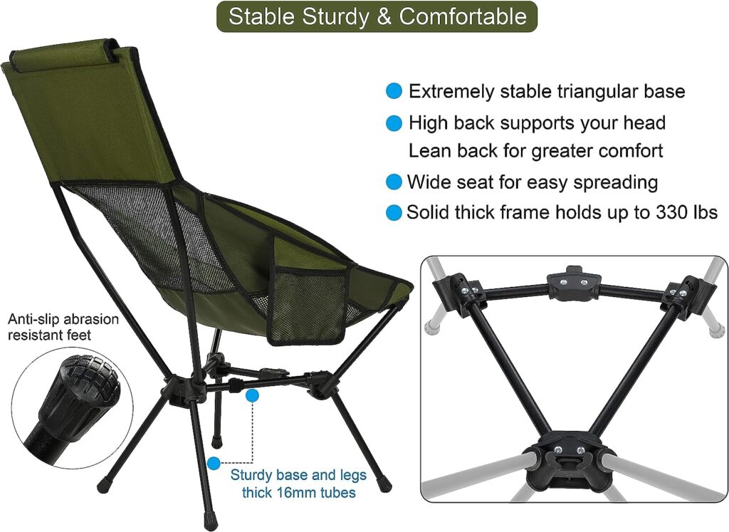 MARCHWAY Lightweight Folding High Back Camping Chair with Head Support, Stable Portable Compact for Outdoor Camp, Travel, Beach, Picnic, Festival, Hiking, Backpacking (Green) : Sports  Outdoors