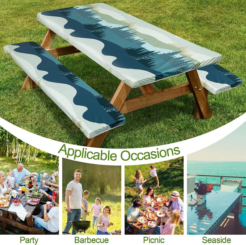 Picnic Table Cover with Bench Covers 3 Pcs Waterproof Windproof Camping Tablecloth with Drawstring Bag, Fitted Rectangle Tables and Seats, 72in, Green Blue