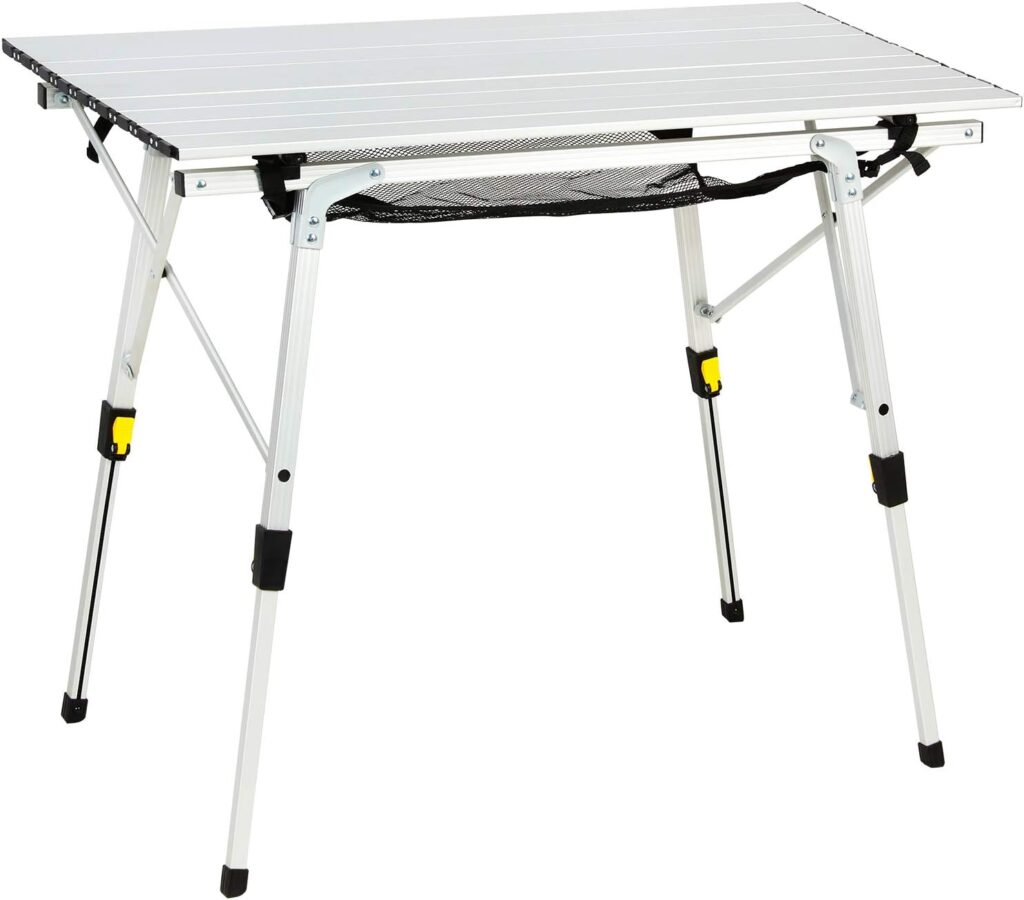 PORTAL Outdoor Folding Portable Picnic Camping Table with Adjustable Height Aluminum Roll Up Table Top Mesh Layer, Large-35.4L x 20.9W, Silver