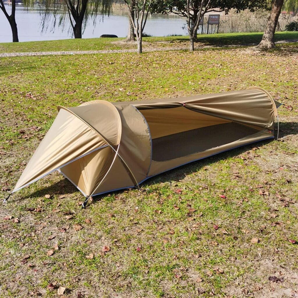 Preself Lightweight One Person Tent, Bivy bivvy Solo Tent, Motorcycle Cycling Backpacking Hiking (Khaki)