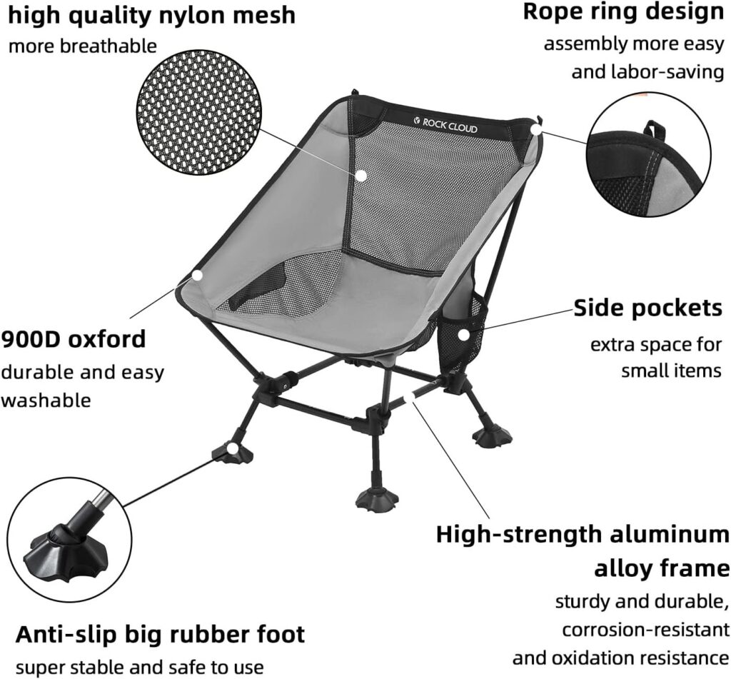 ROCK CLOUD Portable Camping Chair Ultralight Folding Chairs Outdoor for Camp Hiking Backpacking Lawn Beach Sports Grey : Sports  Outdoors