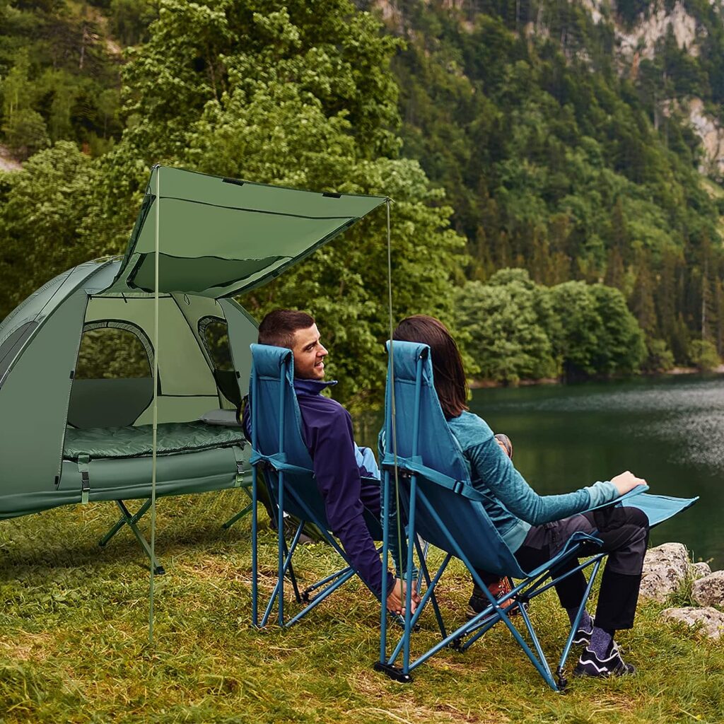 Single Tent Bed, Portable Camping Tent with Air Mattress and Pillow, Folding Camping Cot of Metal Frame, Single Sleep Bag with Polyester Canopy, for Outdoor Family Camping Picnic - Military Green