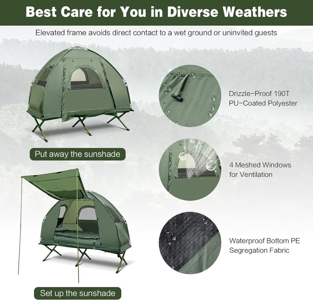 Single Tent Bed, Portable Camping Tent with Air Mattress and Pillow, Folding Camping Cot of Metal Frame, Single Sleep Bag with Polyester Canopy, for Outdoor Family Camping Picnic - Military Green