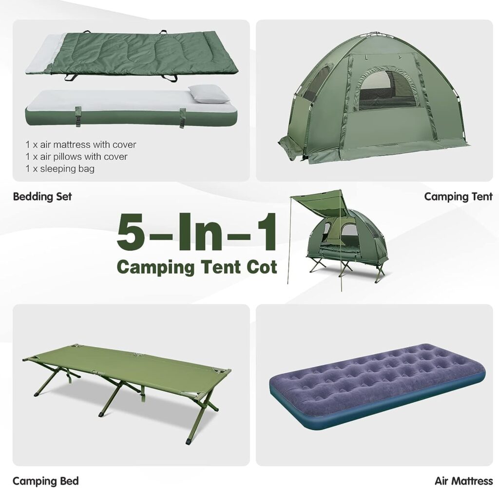 Single Tent Bed, Portable Camping Tent with Air Mattress and Pillow, Folding Camping Cot of Metal Frame, Single Sleep Bag with Polyester Canopy, for Outdoor Family Camping Picnic - Military Green