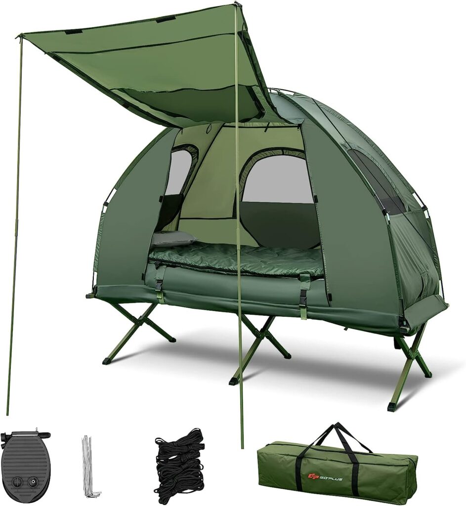 Single Tent Bed, Portable Camping Tent with Air Mattress and Pillow, Folding Camping Cot of Metal Frame, Single Sleep Bag with Polyester Canopy, for Outdoor Family Camping Picnic - Military Green