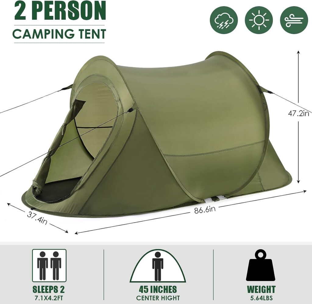 Automatic Instant Portable Tent, Pop Up Camping Tent, Suitable for 1-2 Person, 2 Doors and Side Windows with Carry Bag, Instant Pop up Beach Tent