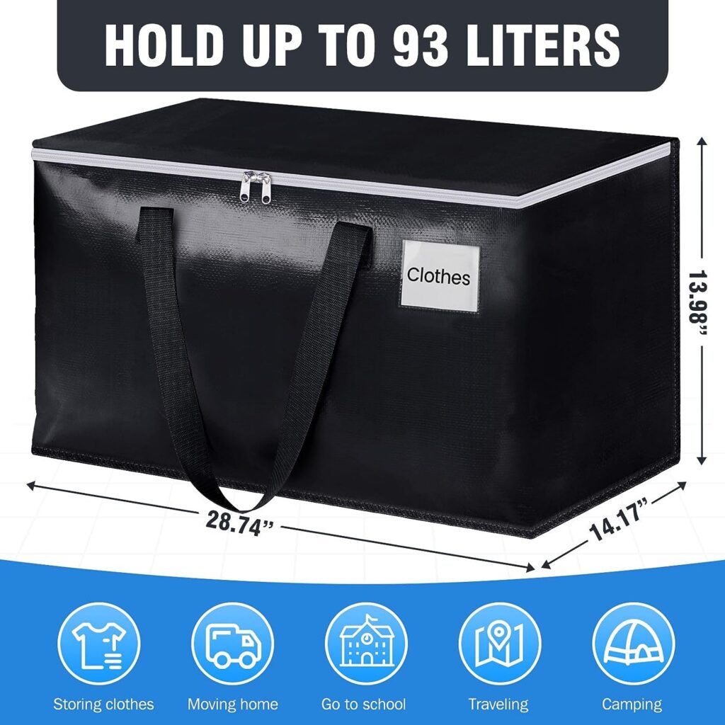 BlissTotes Moving Bags, Heavy Duty Moving Boxes with Zippers Top and Sturdy Handles, Storage Bags for Space Saving and Packing, Collapsible Moving Supplies, Storage Totes (93L, 6-Pack, Black)