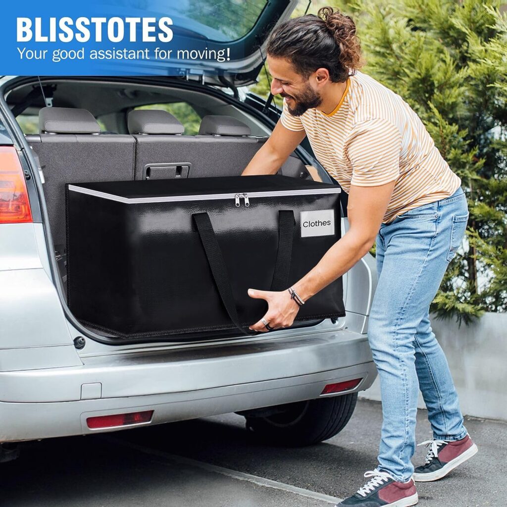 BlissTotes Moving Bags, Heavy Duty Moving Boxes with Zippers Top and Sturdy Handles, Storage Bags for Space Saving and Packing, Collapsible Moving Supplies, Storage Totes (93L, 6-Pack, Black)