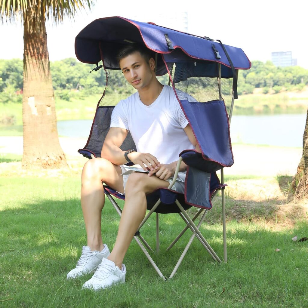 Camping Brothers Camping Chair with Shade Canopy - Outdoor Folding Patio Chair - Includes Retractable Sun Shade, Cup Holder, Side Pockets (Navy)