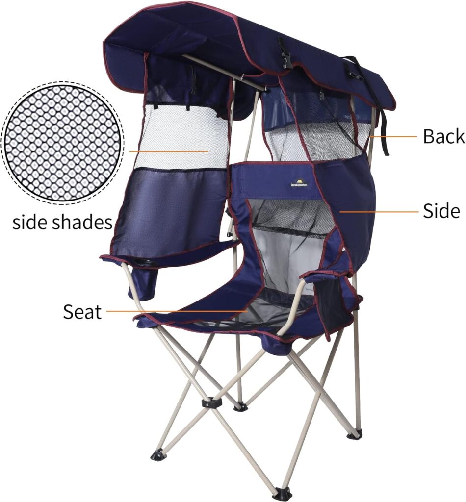 Camping Brothers Camping Chair with Shade Canopy - Outdoor Folding Patio Chair - Includes Retractable Sun Shade, Cup Holder, Side Pockets (Navy)