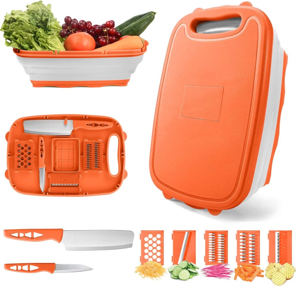 Camping Cutting Board, HI NINGER Collapsible Chopping Board with Colander, 9-In-1 Multi Kitchen Vegetable Washing Basket,Camping Gifts Accessories for RV Campers