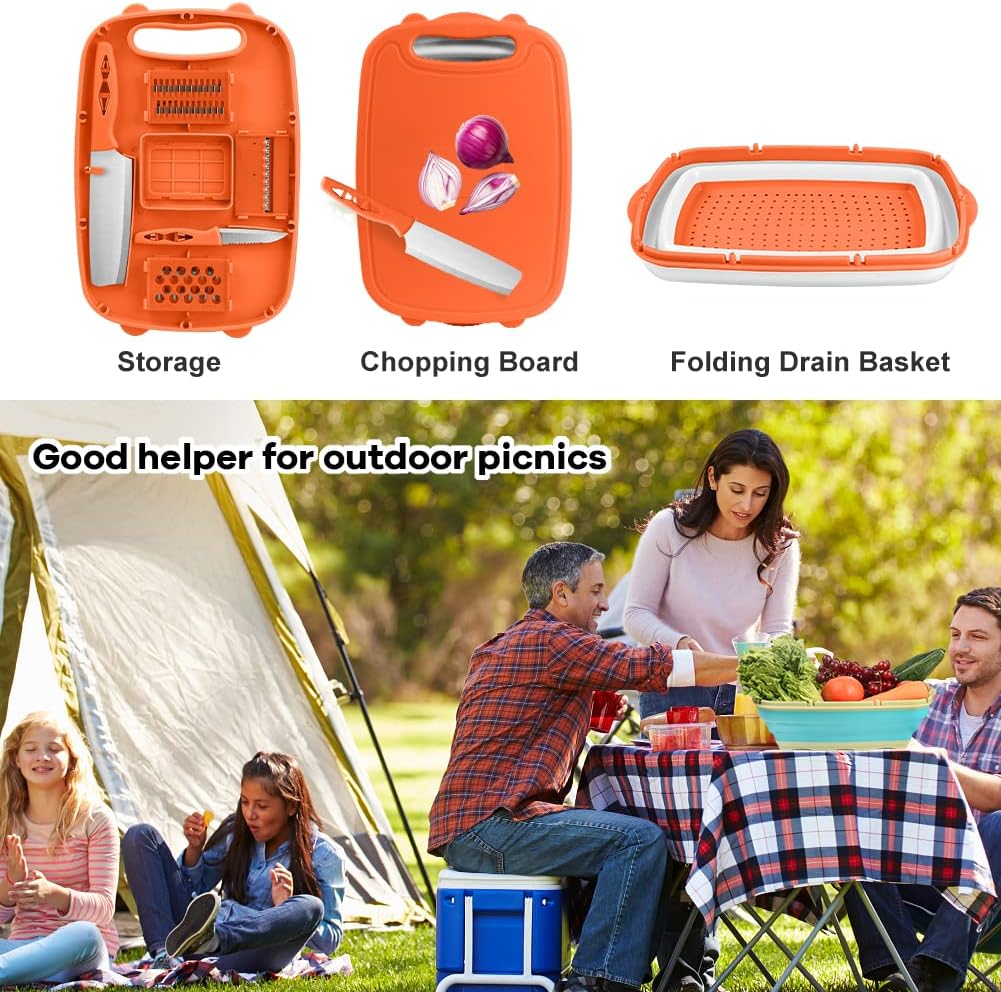 Camping Cutting Board, HI NINGER Collapsible Chopping Board with Colander, 9-In-1 Multi Kitchen Vegetable Washing Basket,Camping Gifts Accessories for RV Campers