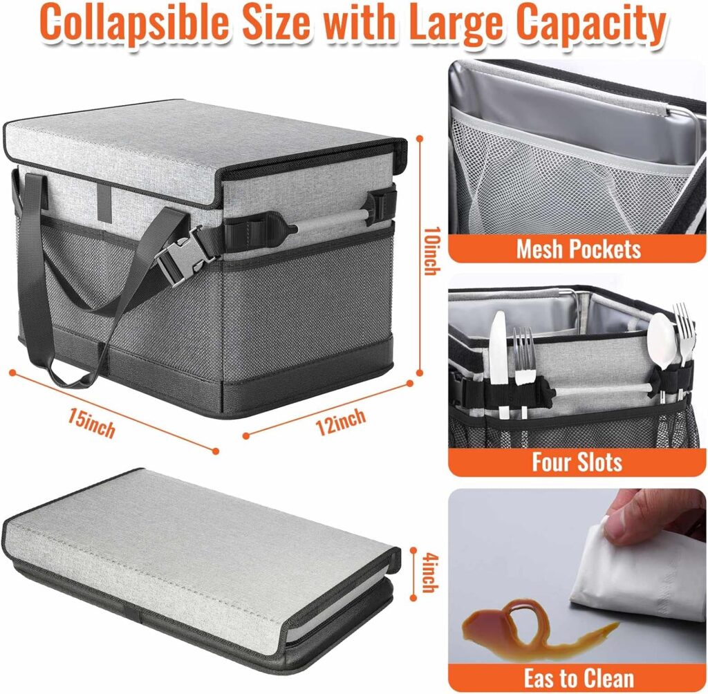 HULISEN Large Grill Caddy with Lid and Paper Towel Holder, BBQ Caddy for Outdoor Grill, Insulated Foldable Barbecue Picnic Caddy for Plates, Utensils, Camping Supplies, Travel or RV, Camper Must Haves