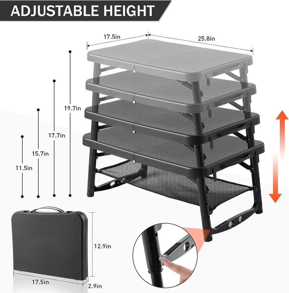 imodomio Small Folding Camping Table Portable - Adjustable Height Fold Up Table with Mesh Layer Foldable Table Lightweight with Carry Handle for Outdoor Hiking Camp BBQ Picnic Beach Cooking