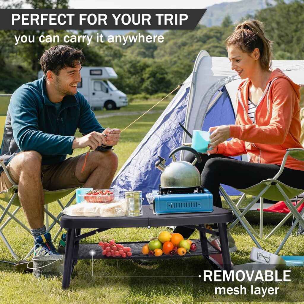 imodomio Small Folding Camping Table Portable - Adjustable Height Fold Up Table with Mesh Layer Foldable Table Lightweight with Carry Handle for Outdoor Hiking Camp BBQ Picnic Beach Cooking