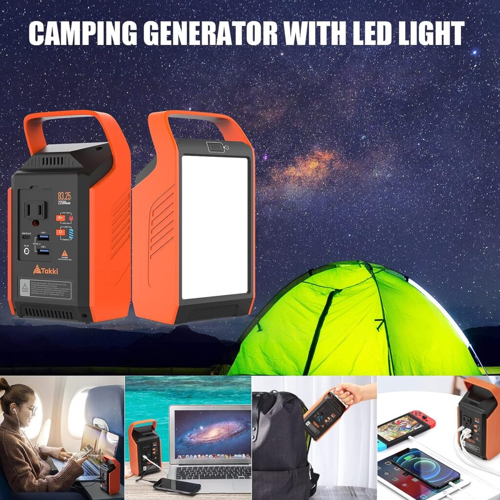 LED Camping Lantern, Takki 22500mAh Portable Generator Power Bank with 80W AC(Peak 120W) USB Outlets, Camping Emergency Lights for Power Outages Tent Hurricane Home, 4 Modes