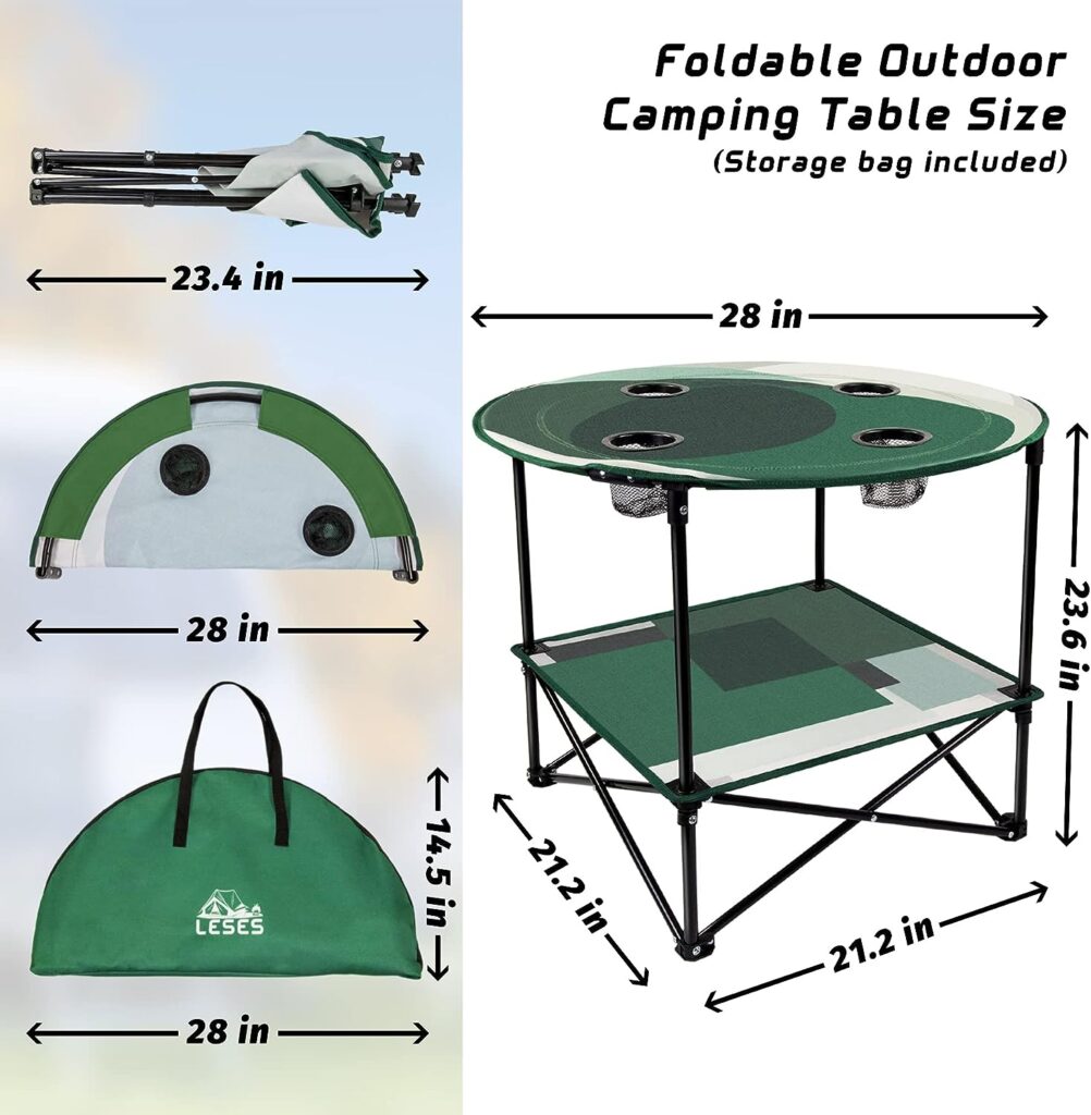 LESES Portable Beach Table, Folding Picnic Table with Carry Bag for Outdoors Fold Up Lightweight Camping Table with 4 Cup Holder, Travel Camping Tables for Party, Hiking, Fishing, Tailgating