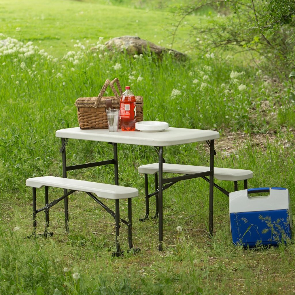 Lifetime 80373 Portable Folding Camping RV Picnic Table and Bench Set, Almond