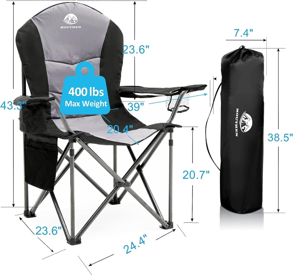 Mouthen Oversized Camping Chair with Lumbar Support, Outdoor Heavy Duty Folding Camp Chair with Cooler Bag,Head and Side Pocket,Support 400 lbs Plus