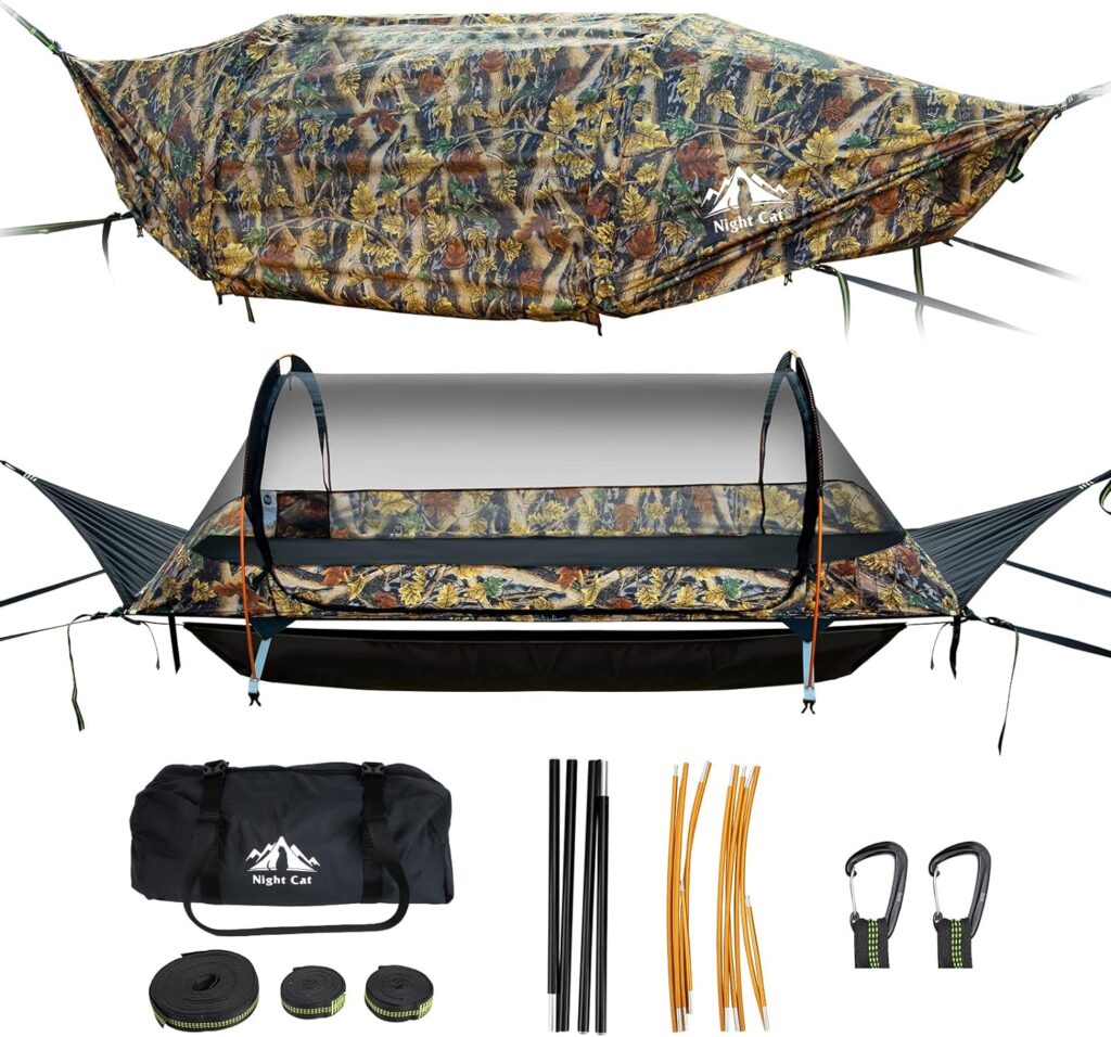 Night Cat Flat Lay Hammock Tent with Mosquito Net Waterproof Rainfly Storage Room for 1 Person Backpacking Hiking Camping Lightweight 440LBS 87x28x19in