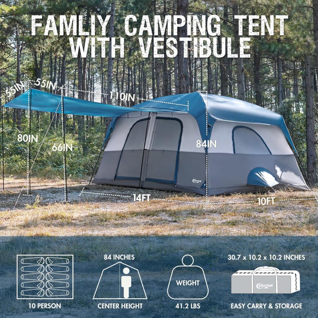 PORTAL 10 Person Camping Tent with Porch, Big Family Cabin Tent with 2 Rooms, 2 Doors, 2 Ground Vents, 6 Large Mesh Windows, Divided Curtain for Camping, Outdoor, Traveling, Waterproof