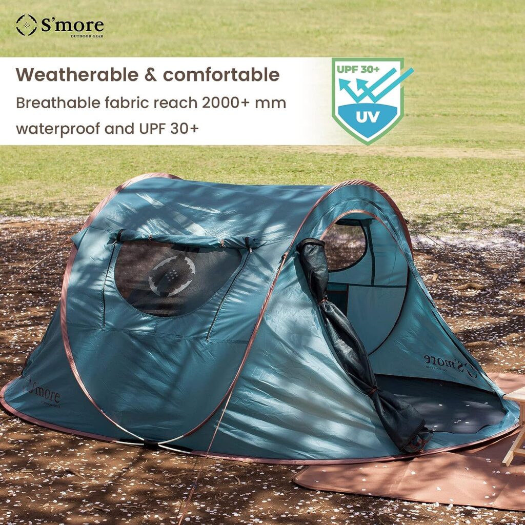 Smore Pop-up Camping Tent, Portable Instant Automatic Pop Up Beach Tent for 2 People, 2 Double Layers Door and Windows with Mesh Layers, Waterproof UV Protection Sun Shelter