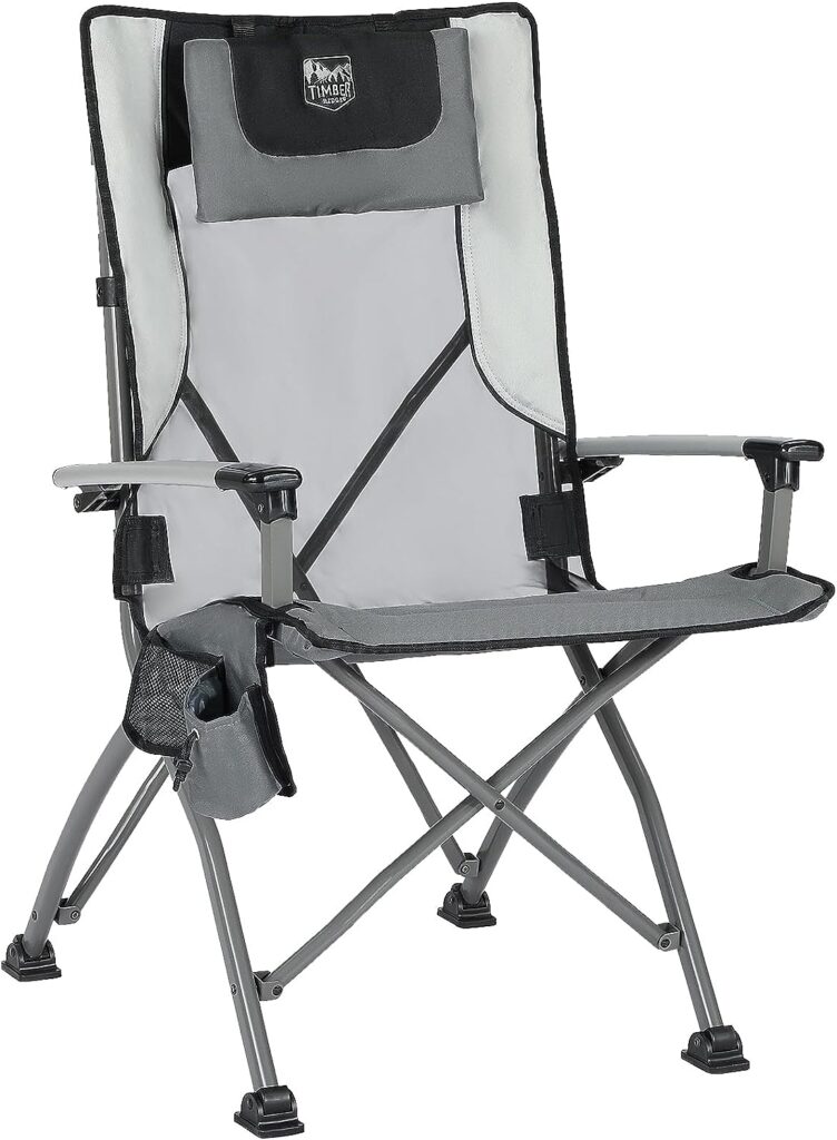 TIMBER RIDGE Aluminum Collapsible High Back Chair with Organizer Cup Holder Headrest Heavy Duty 300 lbs for Adults, Ideal for Outdoor Beach Fishing Lawn, Gray