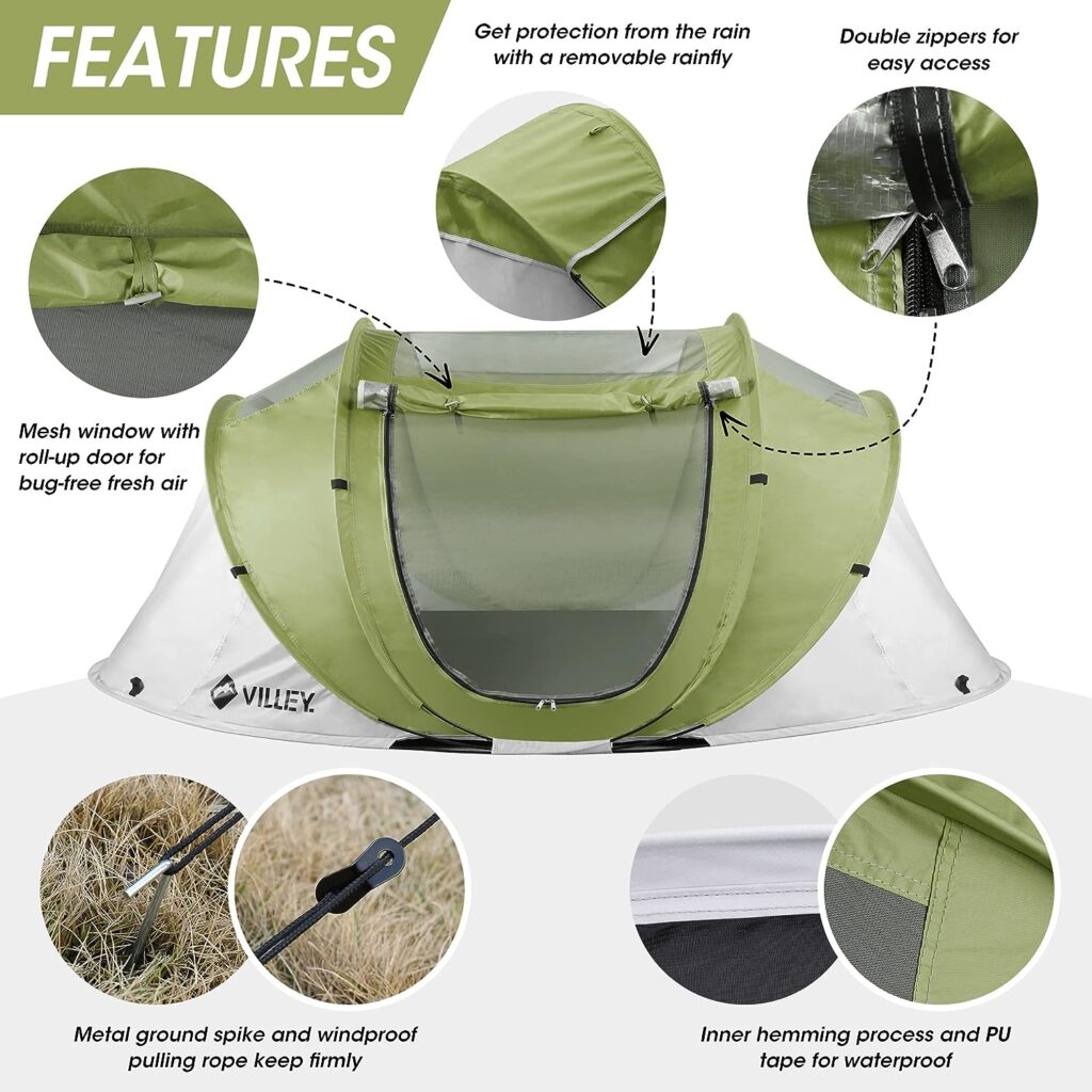 VILLEY 2 Person Easy Pop Up Tent, Waterproof Automatic Setup Instant Lightweight Camping Beach Tent with Carrying Bag for Camping, Hiking  Traveling