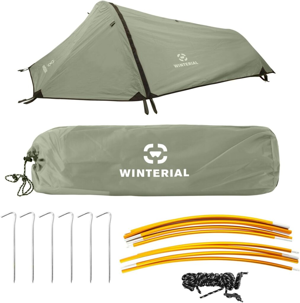 Winterial Single Person Personal Bivy Tent - Lightweight One Person Tent with Rainfly, 2lbs 9oz, Stakes, Poles and Guylines Included, Backpacking and Hiking Bivy Tent (Olive Green  Orange)