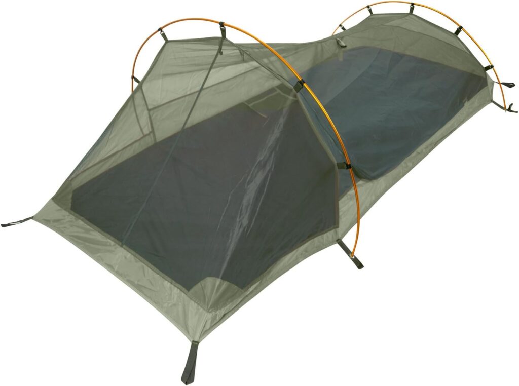 Winterial Single Person Personal Bivy Tent - Lightweight One Person Tent with Rainfly, 2lbs 9oz, Stakes, Poles and Guylines Included, Backpacking and Hiking Bivy Tent (Olive Green  Orange)