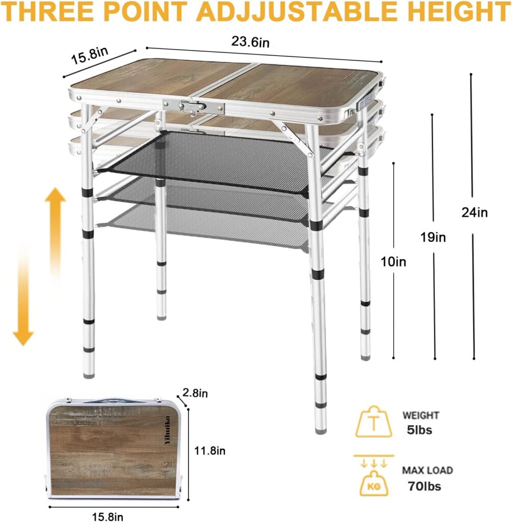 YihuiKo Folding Camping Table for Picnic Table - Adjustable Height Side Tables for Home Kitchen Garden - Outdoor Camp Small Foldable Table