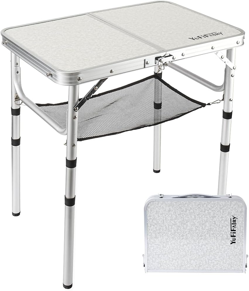 YUFIFAIRY Small Folding Camping Table with Mesh Layer 3 Heights 2 Foot, Aluminum Lightweight Portable Folding Table with Adjustable Legs, Great for RV, car Camping and Outdoor Cooking Picnic